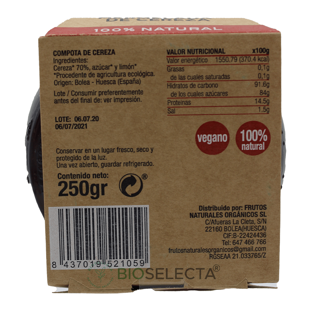 Mermelada de cereza ecológica 250g. Bio